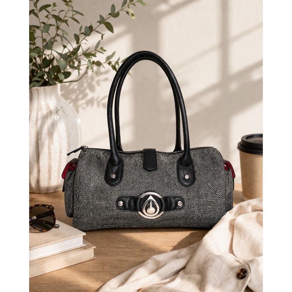 Nixon Tweed Wool Blend Satchel Black Leather Trim Structured Top Handle Purse